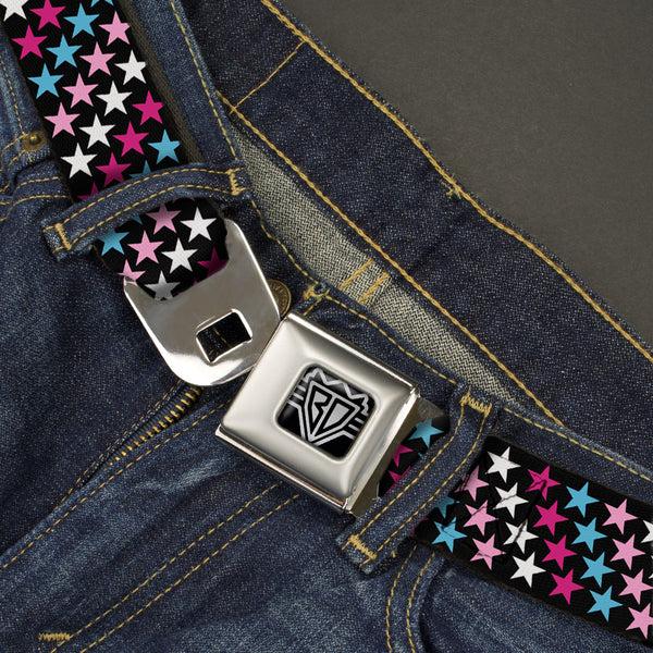 Buckle-Down BD Wings Logo CLOSE-UP Full Color Black Silver Seatbelt Belt - Mini Stars Black/Pink/Blue/White Webbing