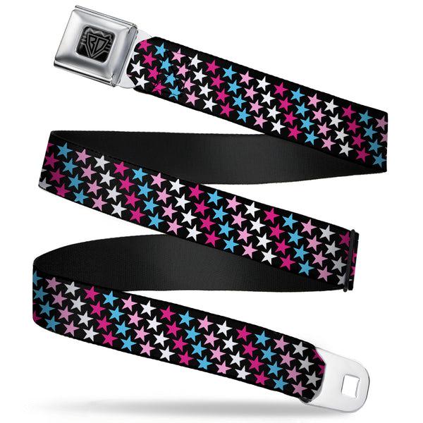 Buckle-Down BD Wings Logo CLOSE-UP Full Color Black Silver Seatbelt Belt - Mini Stars Black/Pink/Blue/White Webbing