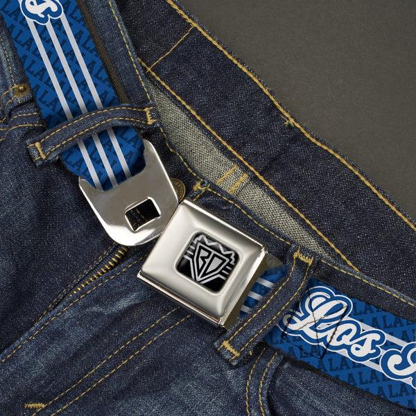 Buckle-Down BD Wings Logo CLOSE-UP Full Color Black Silver Seatbelt Belt - LOS ANGELES Script/LA 3-Stripe Blues/White Webbing