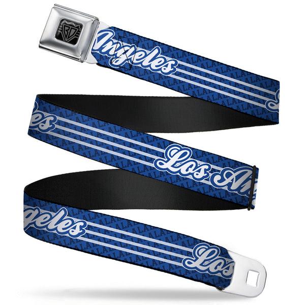 Buckle-Down BD Wings Logo CLOSE-UP Full Color Black Silver Seatbelt Belt - LOS ANGELES Script/LA 3-Stripe Blues/White Webbing