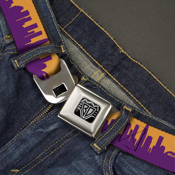 Buckle-Down BD Wings Logo CLOSE-UP Full Color Black Silver Seatbelt Belt - Los Angeles Solid Skyline/LA Gold/Purple Webbing