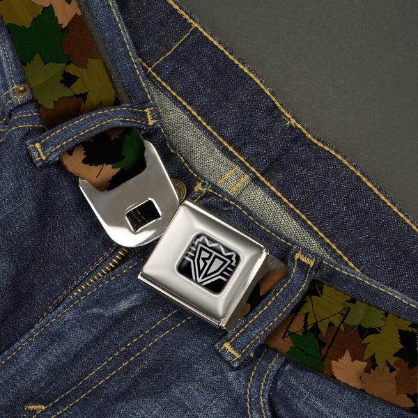 Buckle-Down BD Wings Logo CLOSE-UP Full Color Black Silver Seatbelt Belt - Leaf/Branch Camo Tan/Browns/Greens Webbing