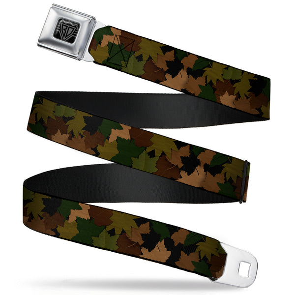 Buckle-Down BD Wings Logo CLOSE-UP Full Color Black Silver Seatbelt Belt - Leaf/Branch Camo Tan/Browns/Greens Webbing