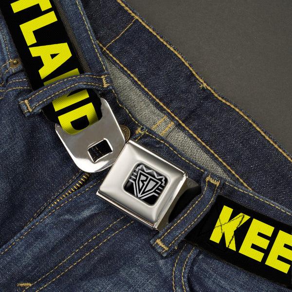 Buckle-Down BD Wings Logo CLOSE-UP Full Color Black Silver Seatbelt Belt - KEEP PORTLAND WEIRD Black/Yellow Webbing