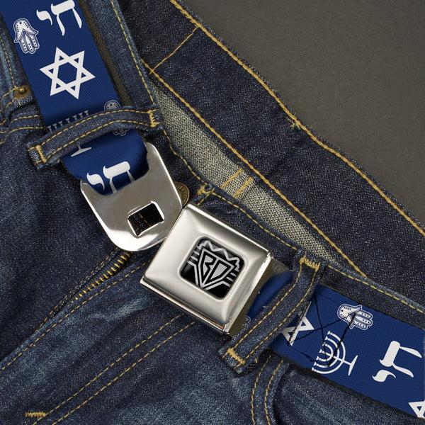 Buckle-Down BD Wings Logo CLOSE-UP Full Color Black Silver Seatbelt Belt - Jewish Symbols-4 Blue/White Webbing