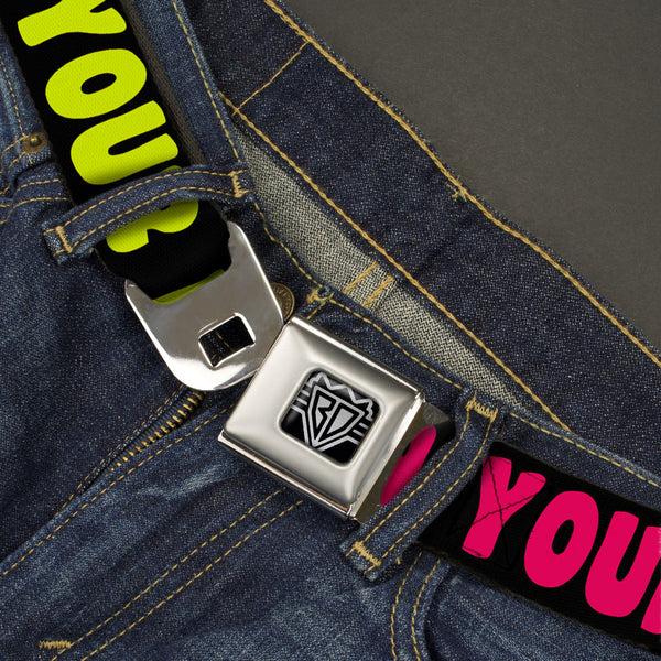 Buckle-Down BD Wings Logo CLOSE-UP Full Color Black Silver Seatbelt Belt - IN YOUR DREAMS Black/Pink/Green/Yellow Webbing