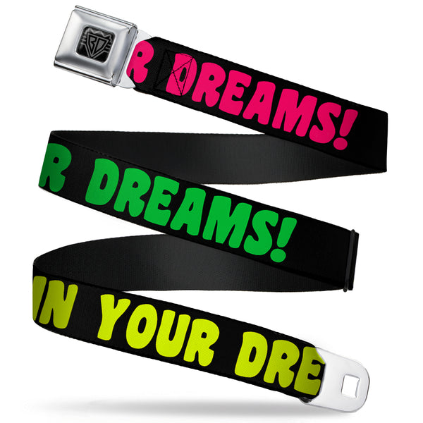 Buckle-Down BD Wings Logo CLOSE-UP Full Color Black Silver Seatbelt Belt - IN YOUR DREAMS Black/Pink/Green/Yellow Webbing