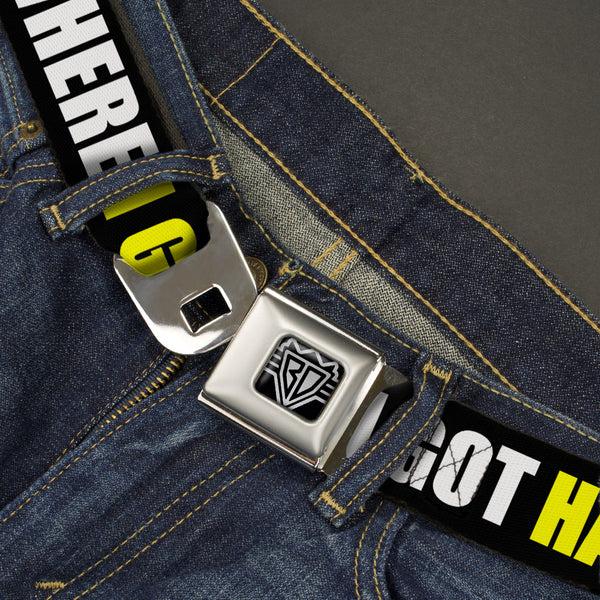 Buckle-Down BD Wings Logo CLOSE-UP Full Color Black Silver Seatbelt Belt - I GOT HATERS EVERYWHERE Black/White/Yellow Webbing