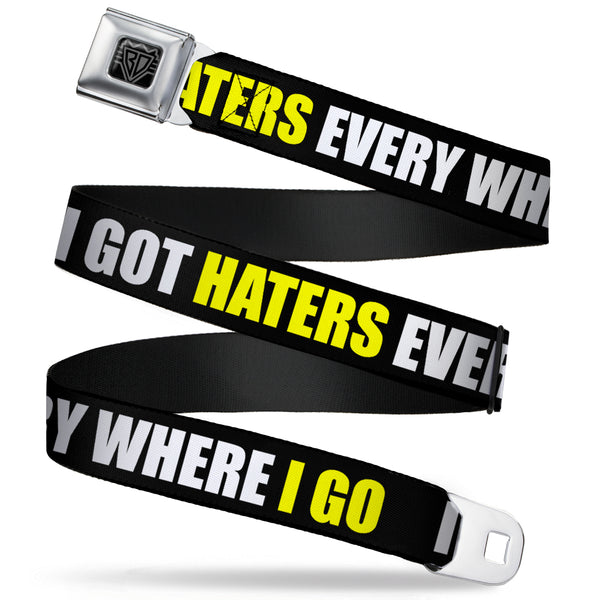 Buckle-Down BD Wings Logo CLOSE-UP Full Color Black Silver Seatbelt Belt - I GOT HATERS EVERYWHERE Black/White/Yellow Webbing