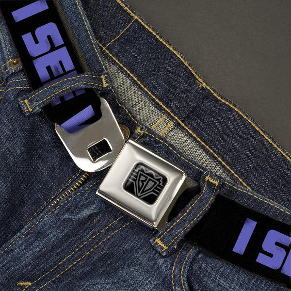Buckle-Down BD Wings Logo CLOSE-UP Full Color Black Silver Seatbelt Belt - I SEE WHAT YOU DID THERE Weathered Black/Purple Webbing