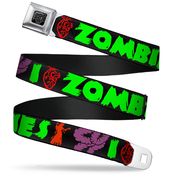 Buckle-Down BD Wings Logo CLOSE-UP Full Color Black Silver Seatbelt Belt - I Heart Zombies Webbing