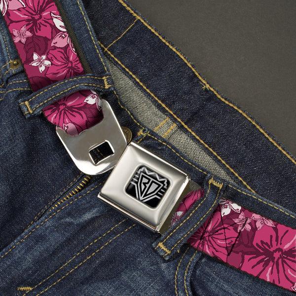 Buckle-Down BD Wings Logo CLOSE-UP Full Color Black Silver Seatbelt Belt - Hibiscus Collage Pink Shades Webbing