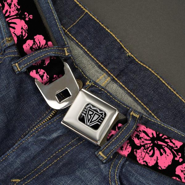 Buckle-Down BD Wings Logo CLOSE-UP Full Color Black Silver Seatbelt Belt - Hibiscus Weathered Black/Pink Webbing
