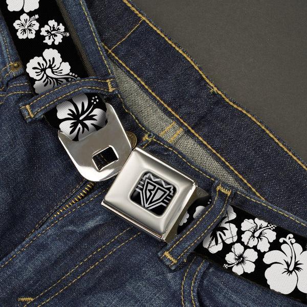 Buckle-Down BD Wings Logo CLOSE-UP Full Color Black Silver Seatbelt Belt - Hibiscus Black/White Webbing