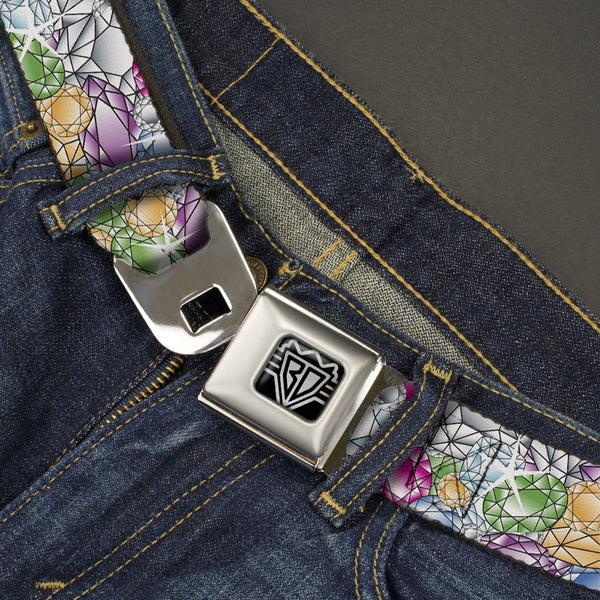 Buckle-Down BD Wings Logo CLOSE-UP Full Color Black Silver Seatbelt Belt - Gems Stacked Multi Color Webbing