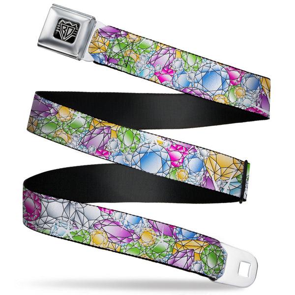 Buckle-Down BD Wings Logo CLOSE-UP Full Color Black Silver Seatbelt Belt - Gems Stacked Multi Color Webbing