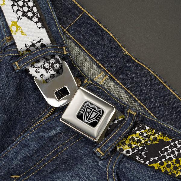 Buckle-Down BD Wings Logo CLOSE-UP Full Color Black Silver Seatbelt Belt - Grunge Tread Yellow Webbing