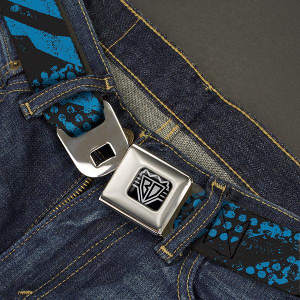 Buckle-Down BD Wings Logo CLOSE-UP Full Color Black Silver Seatbelt Belt - Grunge Tread Blue Webbing