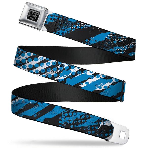 Buckle-Down BD Wings Logo CLOSE-UP Full Color Black Silver Seatbelt Belt - Grunge Tread Blue Webbing