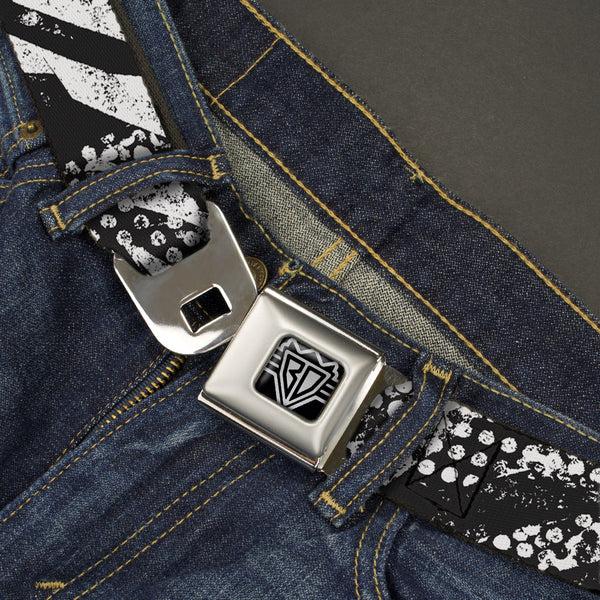 Buckle-Down BD Wings Logo CLOSE-UP Full Color Black Silver Seatbelt Belt - Grunge Tread Black/White Webbing