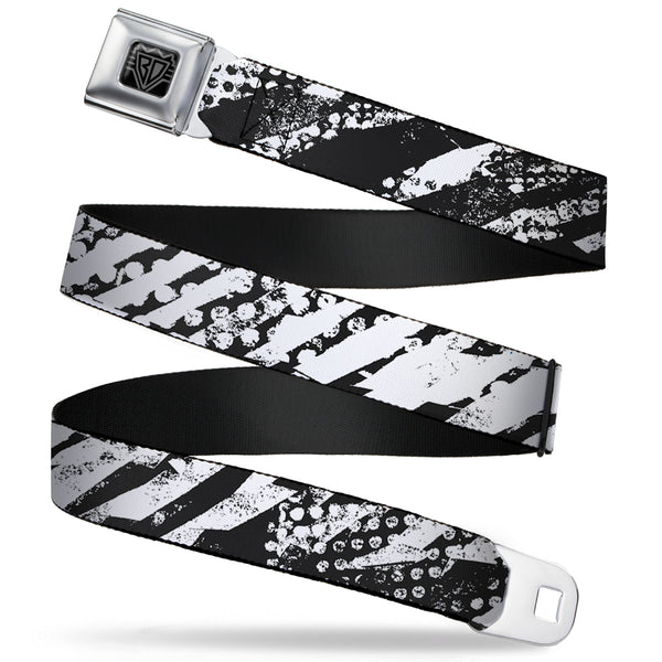 Buckle-Down BD Wings Logo CLOSE-UP Full Color Black Silver Seatbelt Belt - Grunge Tread Black/White Webbing