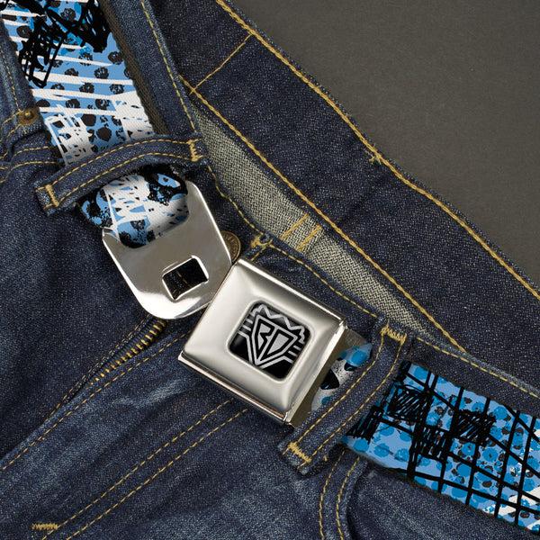 Buckle-Down BD Wings Logo CLOSE-UP Full Color Black Silver Seatbelt Belt - Grunge Gears Blue Webbing