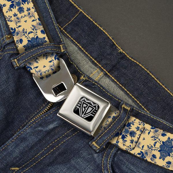 Buckle-Down BD Wings Logo CLOSE-UP Full Color Black Silver Seatbelt Belt - Floral Collage Tan/Blue Webbing