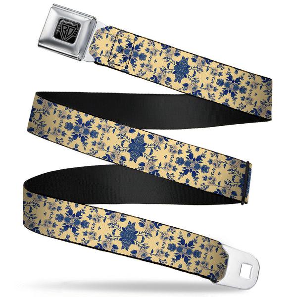 Buckle-Down BD Wings Logo CLOSE-UP Full Color Black Silver Seatbelt Belt - Floral Collage Tan/Blue Webbing
