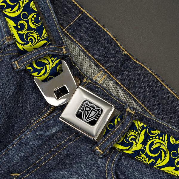 Buckle-Down BD Wings Logo CLOSE-UP Full Color Black Silver Seatbelt Belt - Filigree Navy/Yellow Webbing