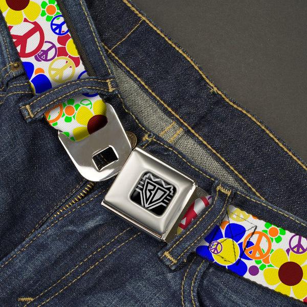 Buckle-Down BD Wings Logo CLOSE-UP Full Color Black Silver Seatbelt Belt - Flower Peace Power Webbing