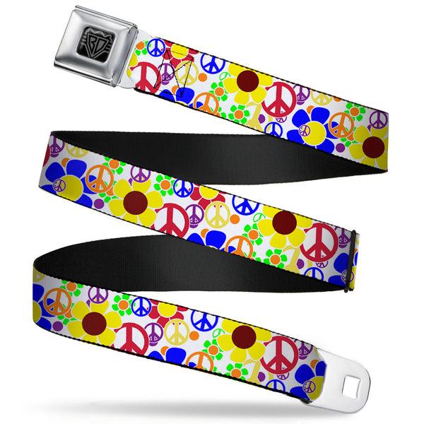 Buckle-Down BD Wings Logo CLOSE-UP Full Color Black Silver Seatbelt Belt - Flower Peace Power Webbing