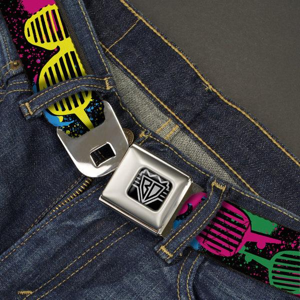 Buckle-Down BD Wings Logo CLOSE-UP Full Color Black Silver Seatbelt Belt - Eighties Shades Splatter Black/Neon Webbing