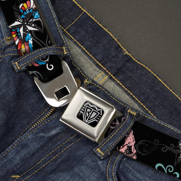Buckle-Down BD Wings Logo CLOSE-UP Full Color Black Silver Seatbelt Belt - Die Hard Skulls & Stars2 Black/Multi Color Webbing