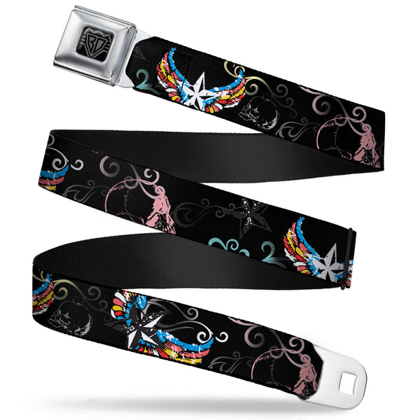 Buckle-Down BD Wings Logo CLOSE-UP Full Color Black Silver Seatbelt Belt - Die Hard Skulls & Stars2 Black/Multi Color Webbing