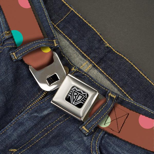 Buckle-Down BD Wings Logo CLOSE-UP Full Color Black Silver Seatbelt Belt - Dots Brown/Multi Pastel Webbing