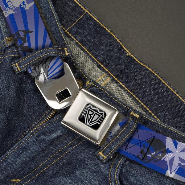 Buckle-Down BD Wings Logo CLOSE-UP Full Color Black Silver Seatbelt Belt - Die Hard Skulls & Stars1 Blue/Grays Webbing