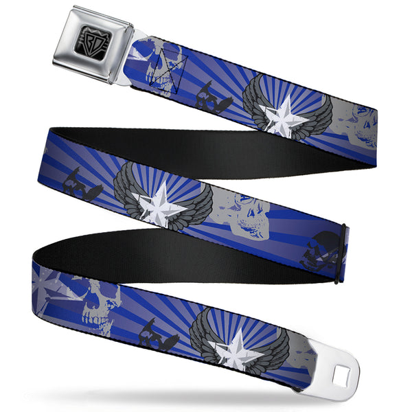 Buckle-Down BD Wings Logo CLOSE-UP Full Color Black Silver Seatbelt Belt - Die Hard Skulls & Stars1 Blue/Grays Webbing