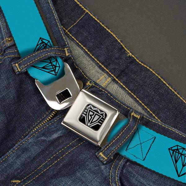 Buckle-Down BD Wings Logo CLOSE-UP Full Color Black Silver Seatbelt Belt - Diamond Sketch Turquoise/Black Webbing