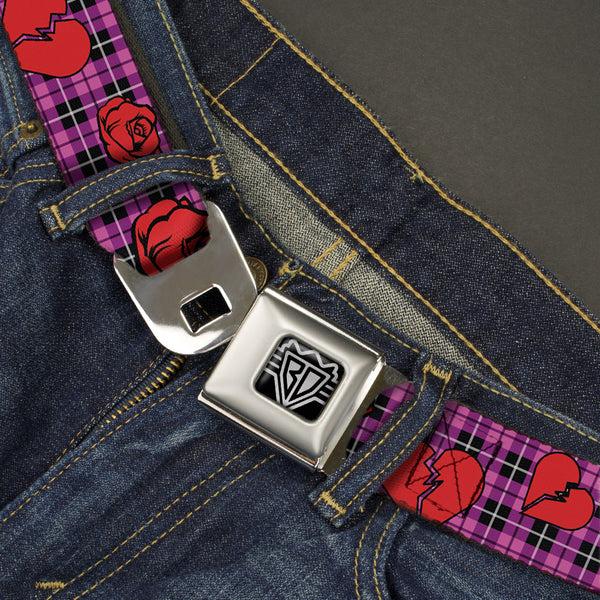 Buckle-Down BD Wings Logo CLOSE-UP Full Color Black Silver Seatbelt Belt - Broken Hearts & Roses W/Fuchsia Plaid Webbing