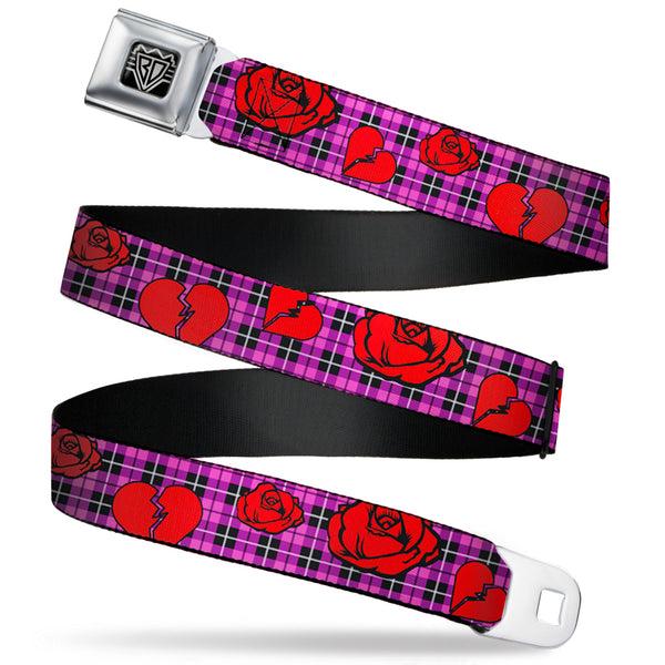 Buckle-Down BD Wings Logo CLOSE-UP Full Color Black Silver Seatbelt Belt - Broken Hearts & Roses w/Fuchsia Plaid Webbing