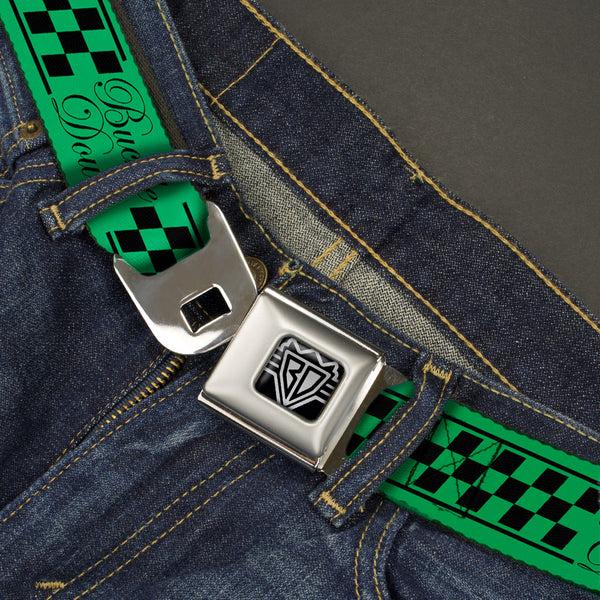 Buckle-Down BD Wings Logo CLOSE-UP Full Color Black Silver Seatbelt Belt - Buckle-Down Cab Stripe Green/Yellow Fade Webbing