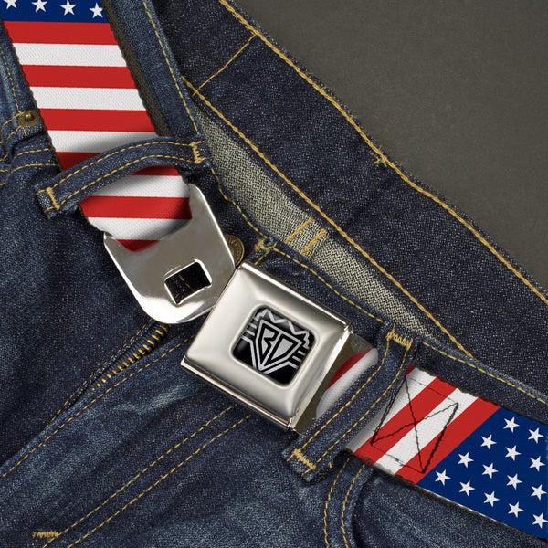 Buckle-Down BD Wings Logo CLOSE-UP Full Color Black Silver Seatbelt Belt - American Flag Diagonal Webbing