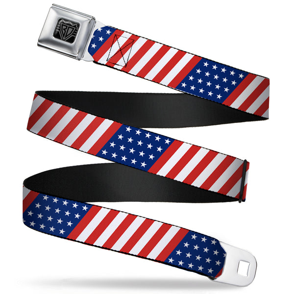 Buckle-Down BD Wings Logo CLOSE-UP Full Color Black Silver Seatbelt Belt - American Flag Diagonal Webbing