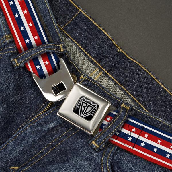 Buckle-Down BD Wings Logo CLOSE-UP Full Color Black Silver Seatbelt Belt - Americana Stripe W/Stars2 Blue/Red/White Webbing