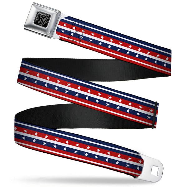 Buckle-Down BD Wings Logo CLOSE-UP Full Color Black Silver Seatbelt Belt - Americana Stripe w/Stars2 Blue/Red/White Webbing