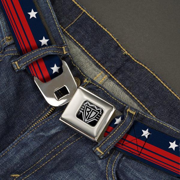 Buckle-Down BD Wings Logo CLOSE-UP Full Color Black Silver Seatbelt Belt - Americana Stars & Stripes4 Blue/White/Red Webbing