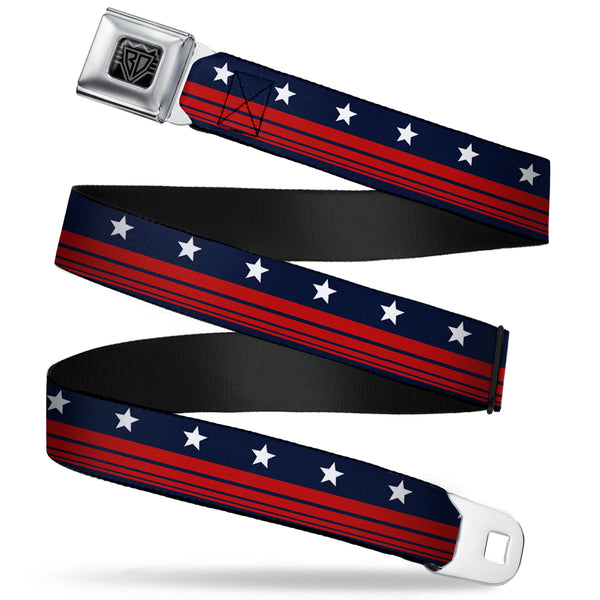 Buckle-Down BD Wings Logo CLOSE-UP Full Color Black Silver Seatbelt Belt - Americana Stars & Stripes4 Blue/White/Red Webbing