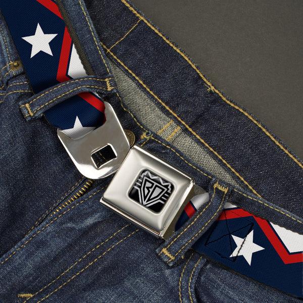 Buckle-Down BD Wings Logo CLOSE-UP Full Color Black Silver Seatbelt Belt - American Chevron & Stripes White/Red/Blue Webbing