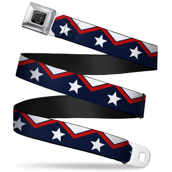 Buckle-Down BD Wings Logo CLOSE-UP Full Color Black Silver Seatbelt Belt - American Chevron & Stripes White/Red/Blue Webbing