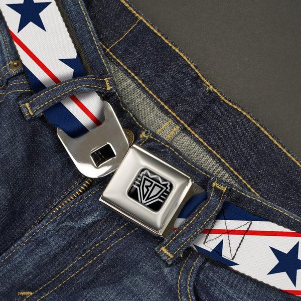 Buckle-Down BD Wings Logo CLOSE-UP Full Color Black Silver Seatbelt Belt - Americana Diagonal Stars & Stripes White/Red/Blue Webbing